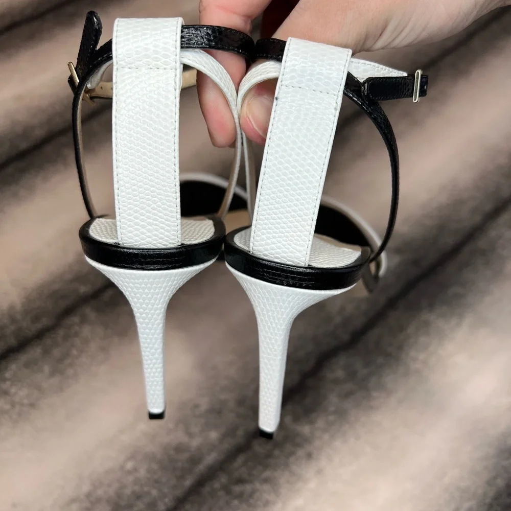 Jimmy Choo Minny 85 mm Lizard Mini Printed Leather Black White Mix Sandal Heels - Picture 4 of 12